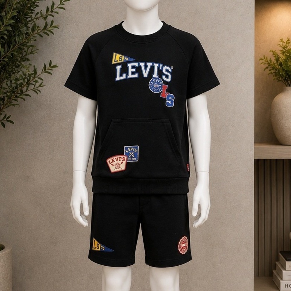 Levi's Boys Two Piece Set Short Sleeve Sweatshirt Shorts Black Varsity Patch 4T